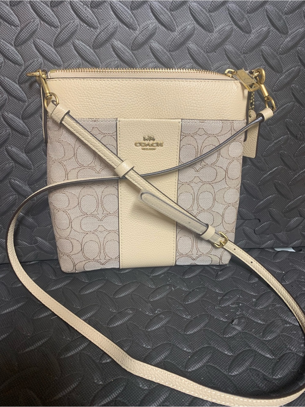 Coach Beige Signature Stripe Crossbody Bag with Gold Hardware